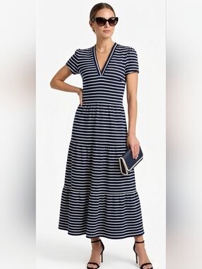 Jude Connally Navy & White Striped V-Neck Maxi Coverup XXL